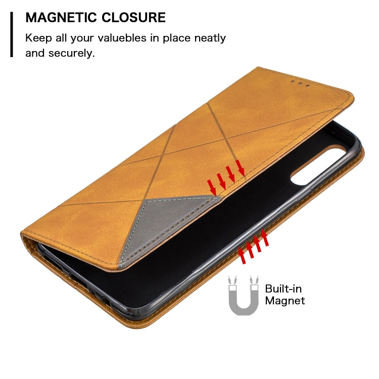 For Galaxy A20s Rhombus Texture Horizontal Flip Magnetic Leather Case with Holder & Card Slots