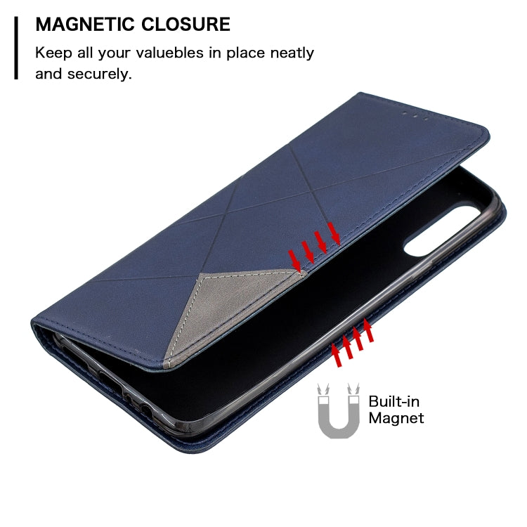 For Galaxy A20s Rhombus Texture Horizontal Flip Magnetic Leather Case with Holder & Card Slots