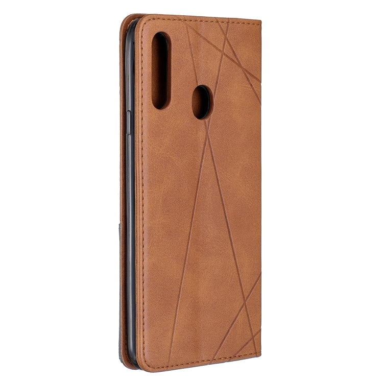 For Galaxy A20s Rhombus Texture Horizontal Flip Magnetic Leather Case with Holder & Card Slots