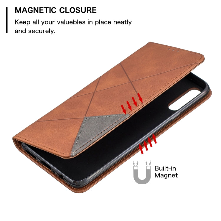 For Galaxy A20s Rhombus Texture Horizontal Flip Magnetic Leather Case with Holder & Card Slots