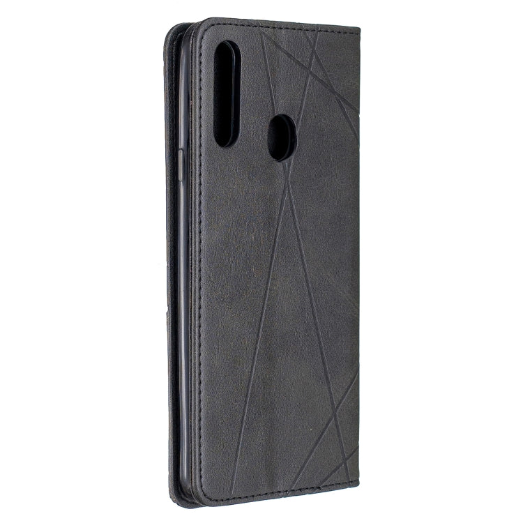 For Galaxy A20s Rhombus Texture Horizontal Flip Magnetic Leather Case with Holder & Card Slots
