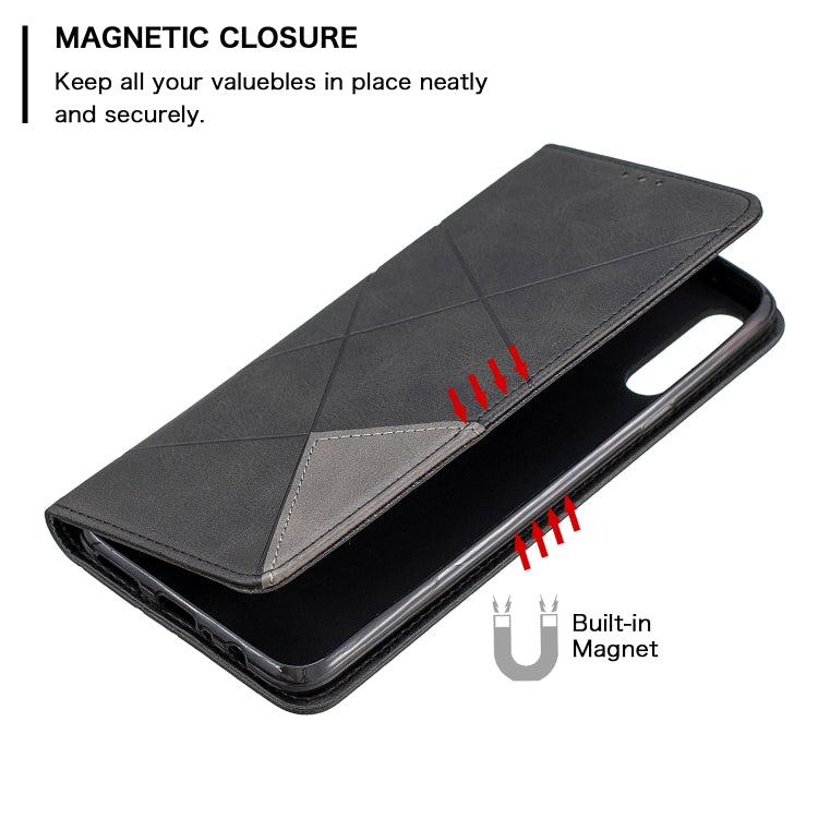 For Galaxy A20s Rhombus Texture Horizontal Flip Magnetic Leather Case with Holder & Card Slots