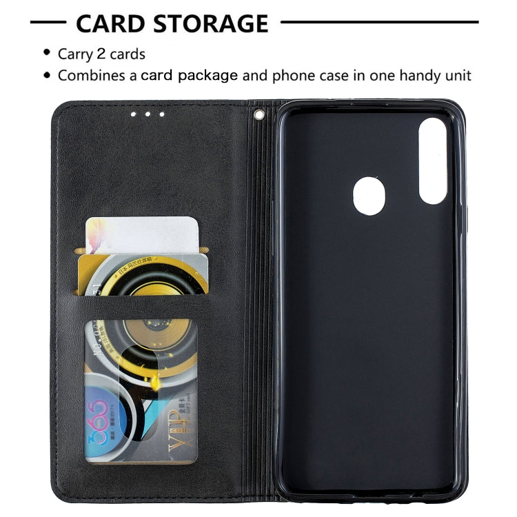 For Galaxy A20s Rhombus Texture Horizontal Flip Magnetic Leather Case with Holder & Card Slots