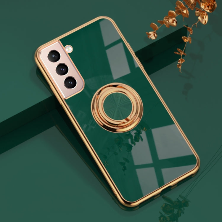 For Samsung Galaxy S21 5G 6D Electroplating Full Coverage Silicone Protective Case with Magnetic Ring Holder