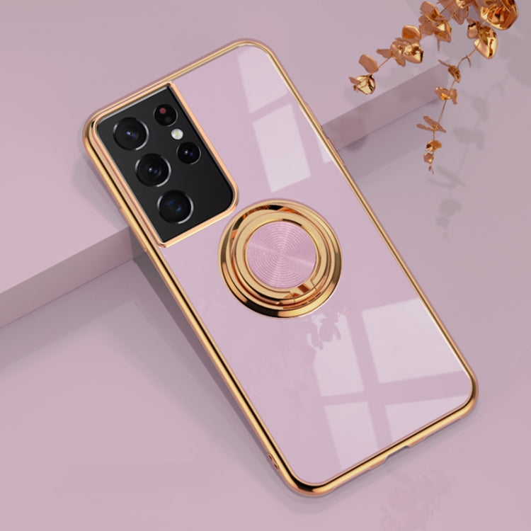 For Samsung Galaxy S21 Ultra 5G 6D Electroplating Full Coverage Silicone Protective Case with Magnetic Ring Holder