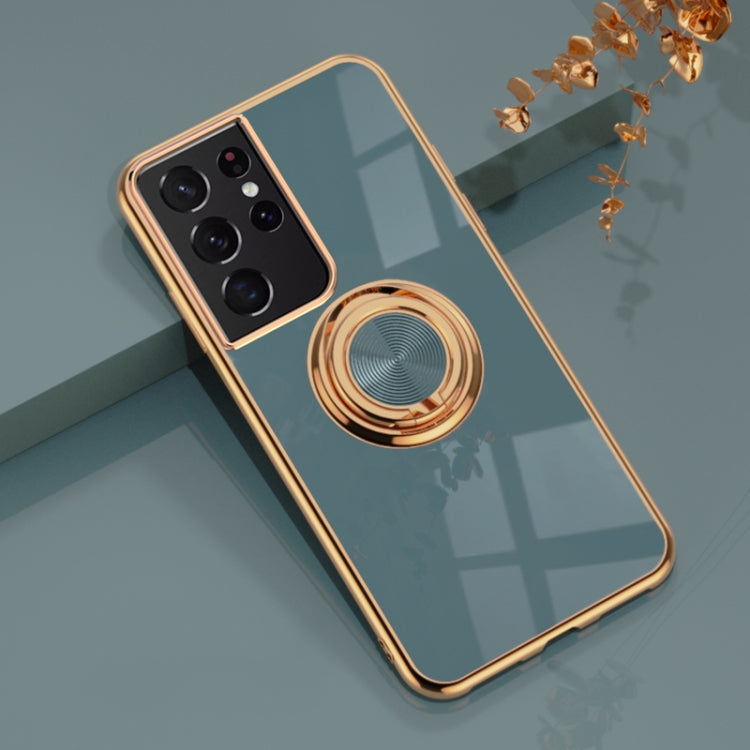 For Samsung Galaxy S21 Ultra 5G 6D Electroplating Full Coverage Silicone Protective Case with Magnetic Ring Holder