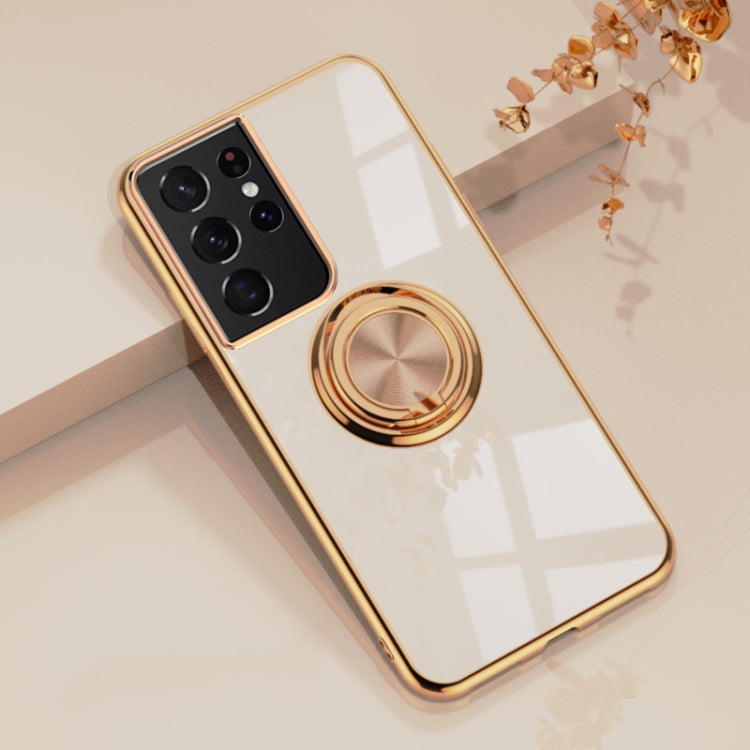 For Samsung Galaxy S21 Ultra 5G 6D Electroplating Full Coverage Silicone Protective Case with Magnetic Ring Holder