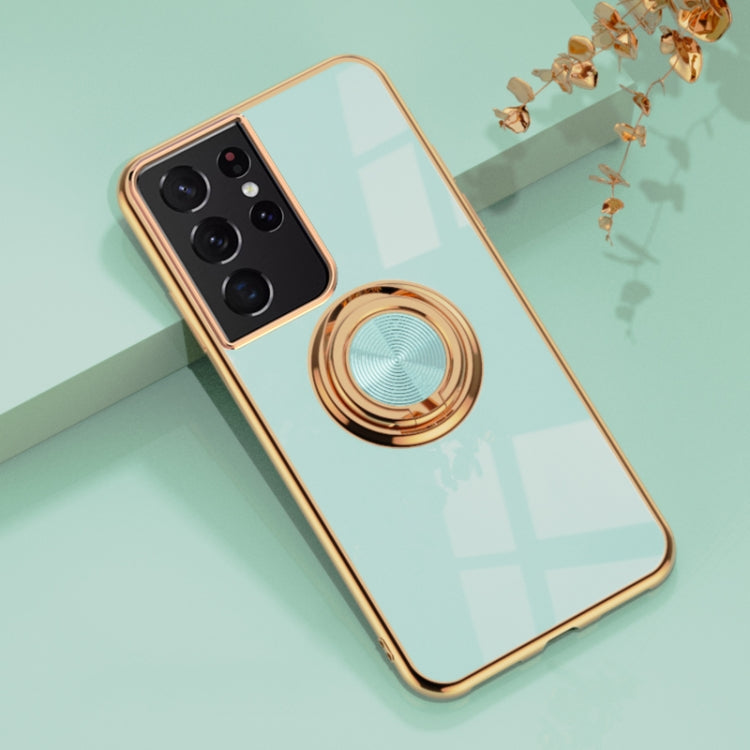 For Samsung Galaxy S21 Ultra 5G 6D Electroplating Full Coverage Silicone Protective Case with Magnetic Ring Holder