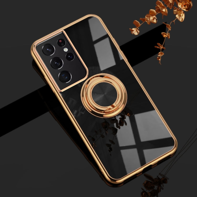 For Samsung Galaxy S21 Ultra 5G 6D Electroplating Full Coverage Silicone Protective Case with Magnetic Ring Holder