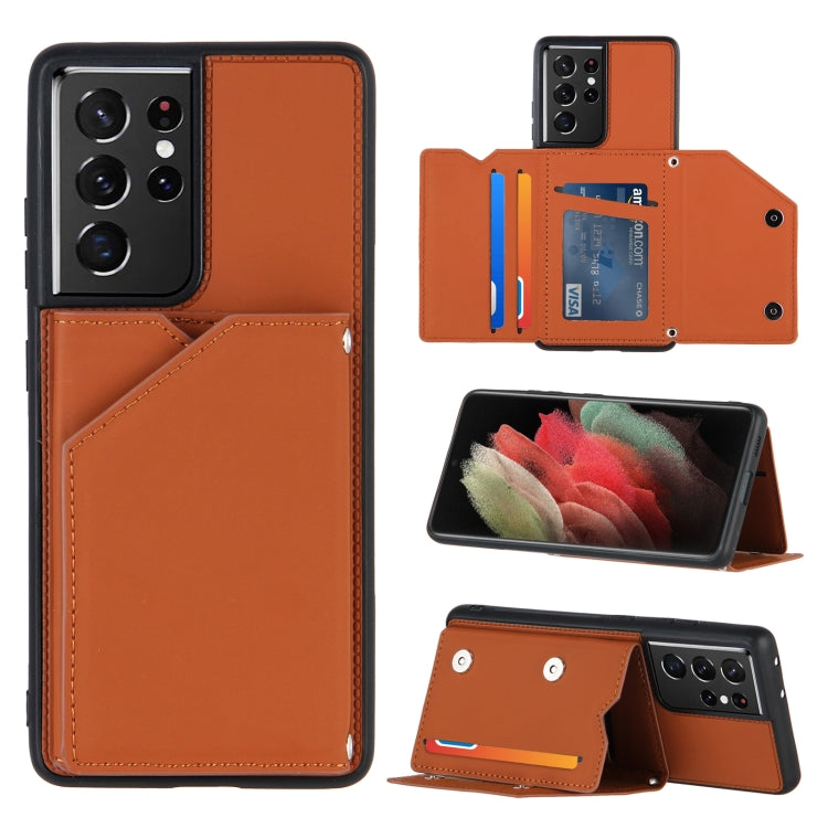 For Samsung Galaxy S21 Ultra 5G Skin Feel PU + TPU + PC Back Cover Shockproof Case with Card Slots & Holder & Photo Frame