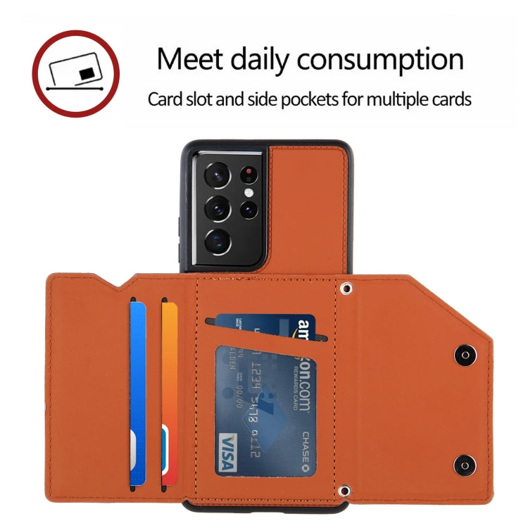 For Samsung Galaxy S21 Ultra 5G Skin Feel PU + TPU + PC Back Cover Shockproof Case with Card Slots & Holder & Photo Frame