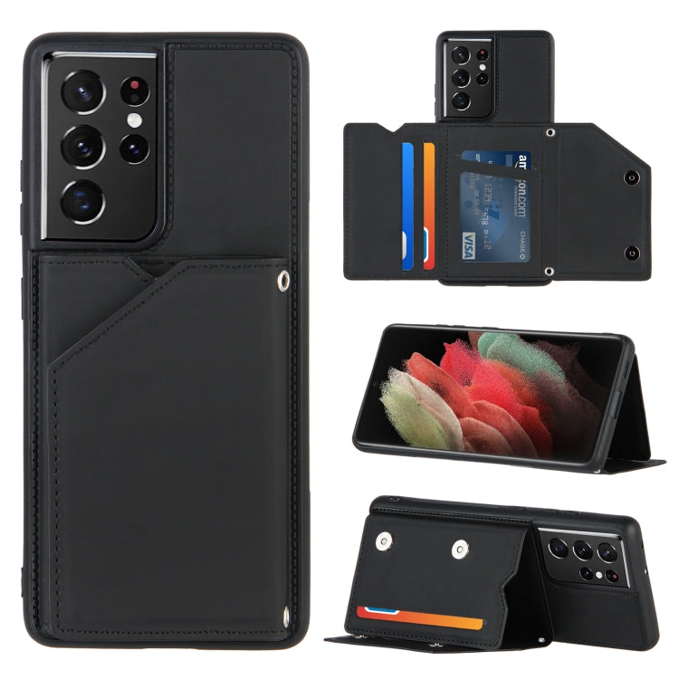 For Samsung Galaxy S21 Ultra 5G Skin Feel PU + TPU + PC Back Cover Shockproof Case with Card Slots & Holder & Photo Frame