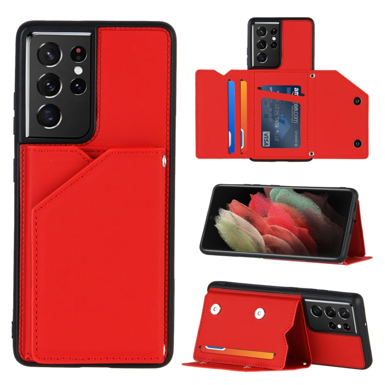 For Samsung Galaxy S21 Ultra 5G Skin Feel PU + TPU + PC Back Cover Shockproof Case with Card Slots & Holder & Photo Frame