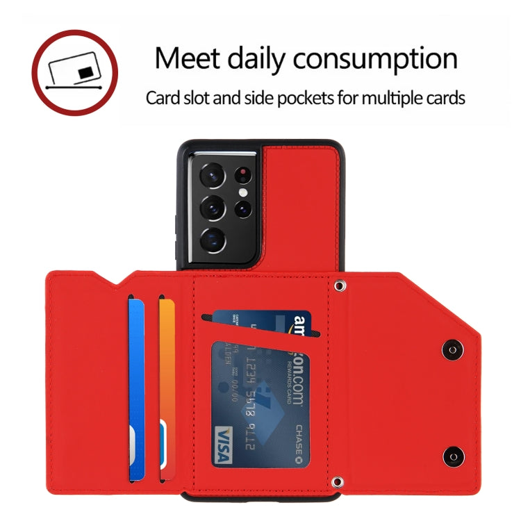 For Samsung Galaxy S21 Ultra 5G Skin Feel PU + TPU + PC Back Cover Shockproof Case with Card Slots & Holder & Photo Frame