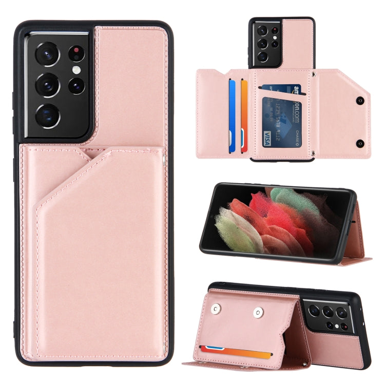 For Samsung Galaxy S21 Ultra 5G Skin Feel PU + TPU + PC Back Cover Shockproof Case with Card Slots & Holder & Photo Frame