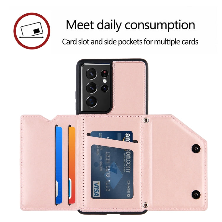 For Samsung Galaxy S21 Ultra 5G Skin Feel PU + TPU + PC Back Cover Shockproof Case with Card Slots & Holder & Photo Frame