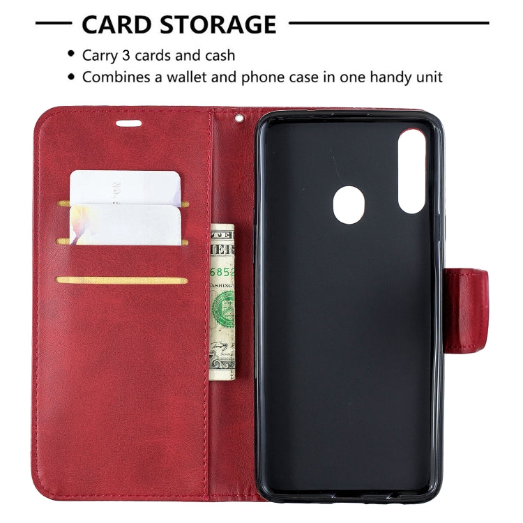 For Galaxy A20s Retro Lambskin Texture Pure Color Horizontal Flip PU Leather Case with Holder & Card Slots & Wallet & Lanyard