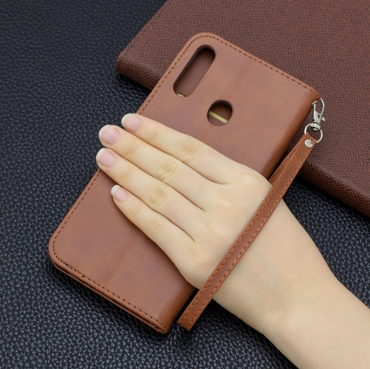 For Galaxy A20s Retro Lambskin Texture Pure Color Horizontal Flip PU Leather Case with Holder & Card Slots & Wallet & Lanyard