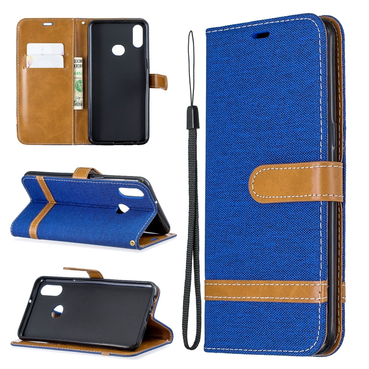 For Galaxy A10s Color Matching Denim Texture Horizontal Flip Leather Case with Holder & Card Slots & Wallet & Lanyard