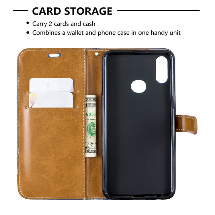 For Galaxy A10s Color Matching Denim Texture Horizontal Flip Leather Case with Holder & Card Slots & Wallet & Lanyard