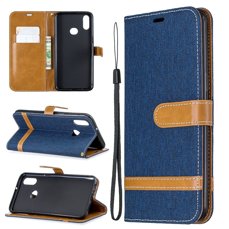 For Galaxy A10s Color Matching Denim Texture Horizontal Flip Leather Case with Holder & Card Slots & Wallet & Lanyard