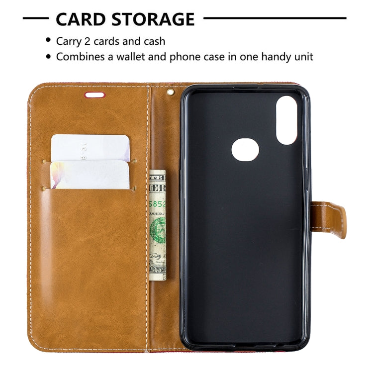 For Galaxy A10s Color Matching Denim Texture Horizontal Flip Leather Case with Holder & Card Slots & Wallet & Lanyard