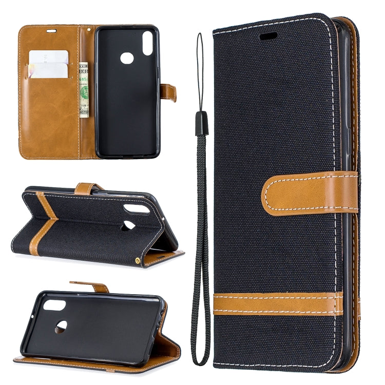 For Galaxy A10s Color Matching Denim Texture Horizontal Flip Leather Case with Holder & Card Slots & Wallet & Lanyard
