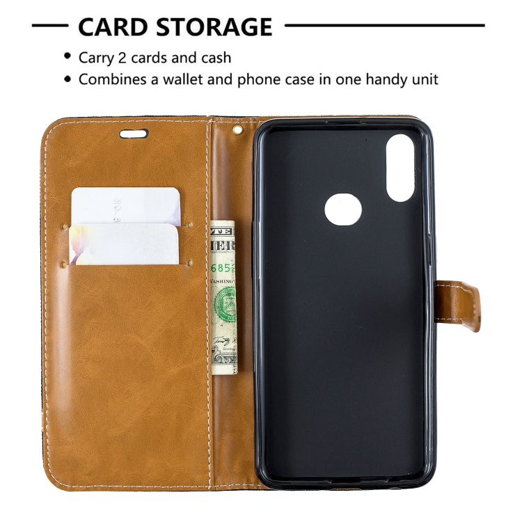 For Galaxy A10s Color Matching Denim Texture Horizontal Flip Leather Case with Holder & Card Slots & Wallet & Lanyard