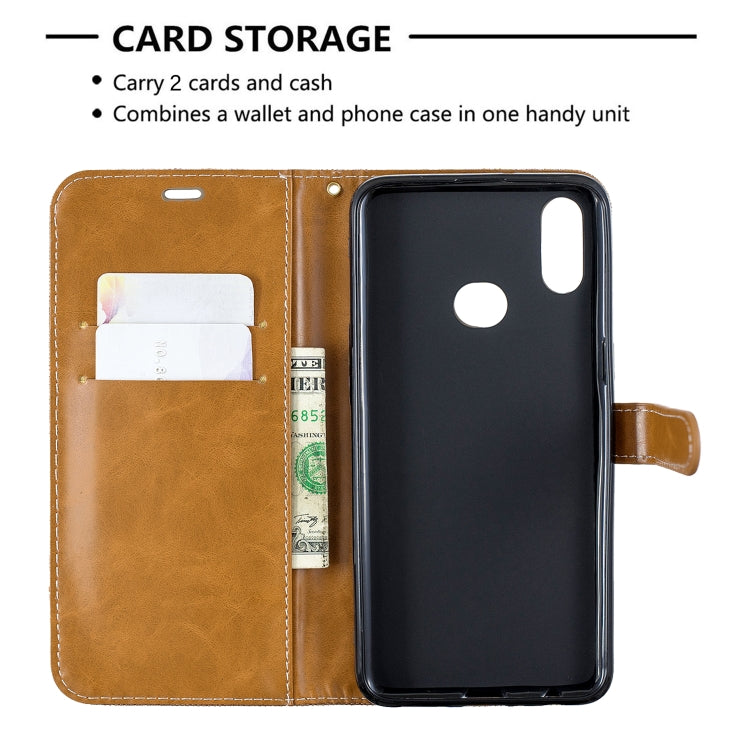 For Galaxy A10s Color Matching Denim Texture Horizontal Flip Leather Case with Holder & Card Slots & Wallet & Lanyard