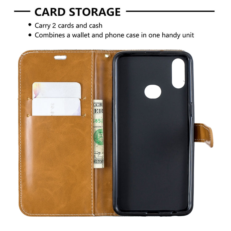 For Galaxy A10s Color Matching Denim Texture Horizontal Flip Leather Case with Holder & Card Slots & Wallet & Lanyard