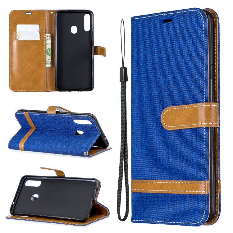 For Galaxy A20s Color Matching Denim Texture Horizontal Flip Leather Case with Holder & Card Slots & Wallet & Lanyard