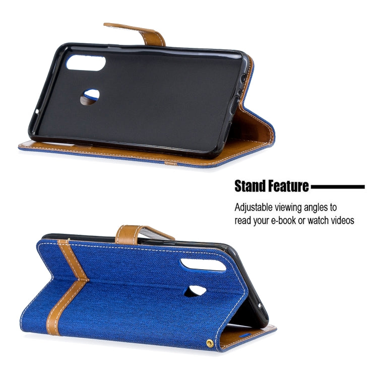 For Galaxy A20s Color Matching Denim Texture Horizontal Flip Leather Case with Holder & Card Slots & Wallet & Lanyard