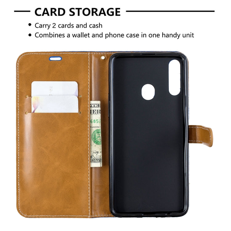 For Galaxy A20s Color Matching Denim Texture Horizontal Flip Leather Case with Holder & Card Slots & Wallet & Lanyard