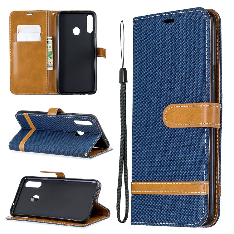 For Galaxy A20s Color Matching Denim Texture Horizontal Flip Leather Case with Holder & Card Slots & Wallet & Lanyard