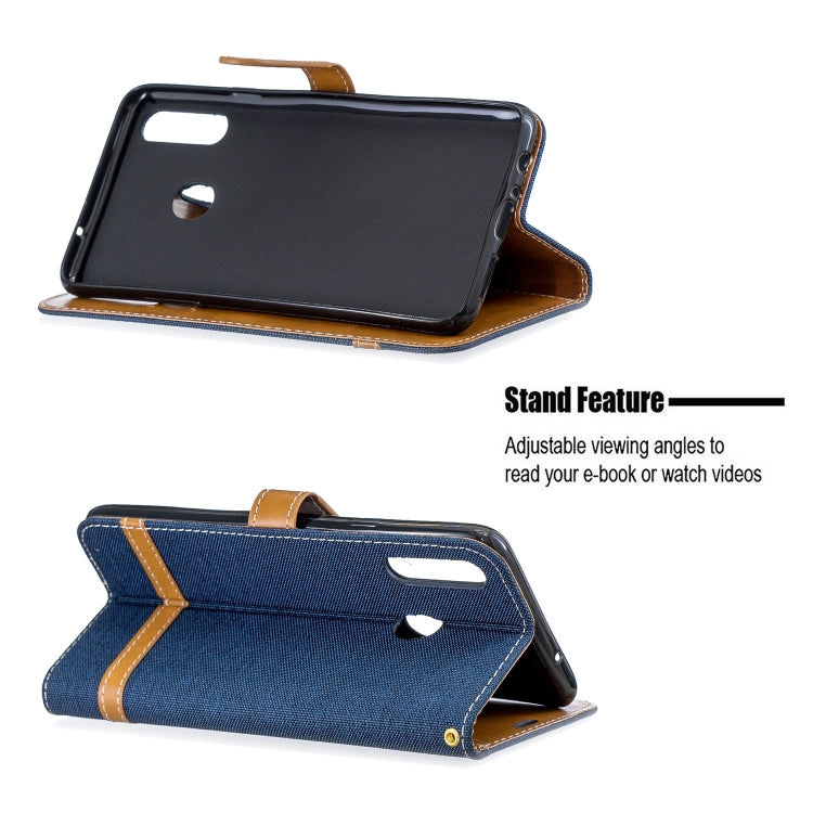 For Galaxy A20s Color Matching Denim Texture Horizontal Flip Leather Case with Holder & Card Slots & Wallet & Lanyard