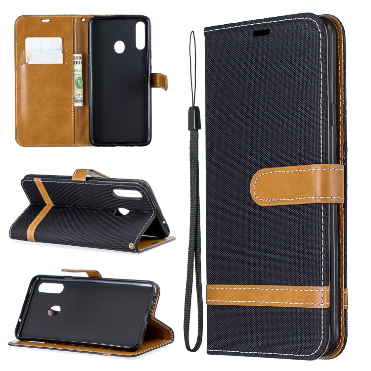 For Galaxy A20s Color Matching Denim Texture Horizontal Flip Leather Case with Holder & Card Slots & Wallet & Lanyard