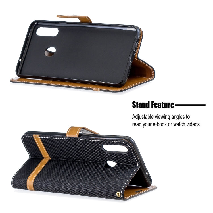 For Galaxy A20s Color Matching Denim Texture Horizontal Flip Leather Case with Holder & Card Slots & Wallet & Lanyard
