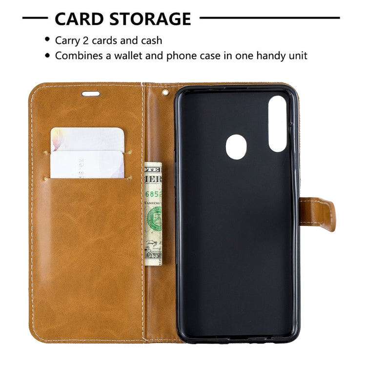 For Galaxy A20s Color Matching Denim Texture Horizontal Flip Leather Case with Holder & Card Slots & Wallet & Lanyard