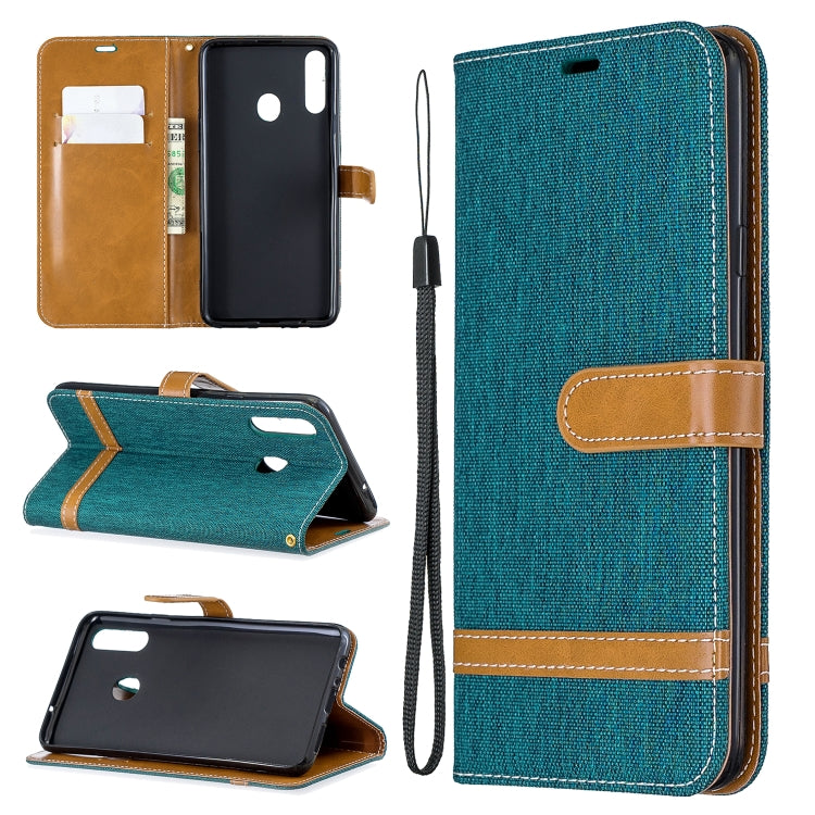 For Galaxy A20s Color Matching Denim Texture Horizontal Flip Leather Case with Holder & Card Slots & Wallet & Lanyard