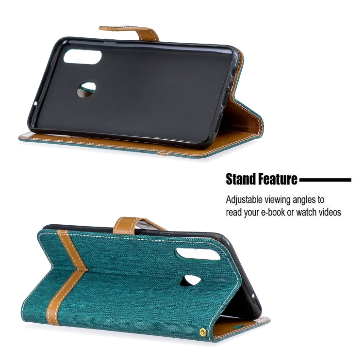 For Galaxy A20s Color Matching Denim Texture Horizontal Flip Leather Case with Holder & Card Slots & Wallet & Lanyard