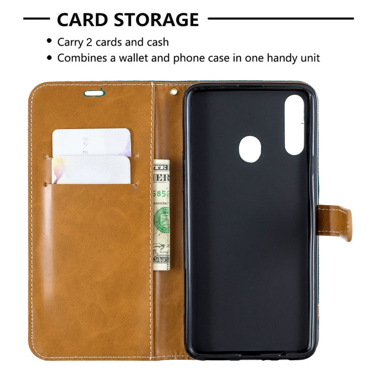 For Galaxy A20s Color Matching Denim Texture Horizontal Flip Leather Case with Holder & Card Slots & Wallet & Lanyard