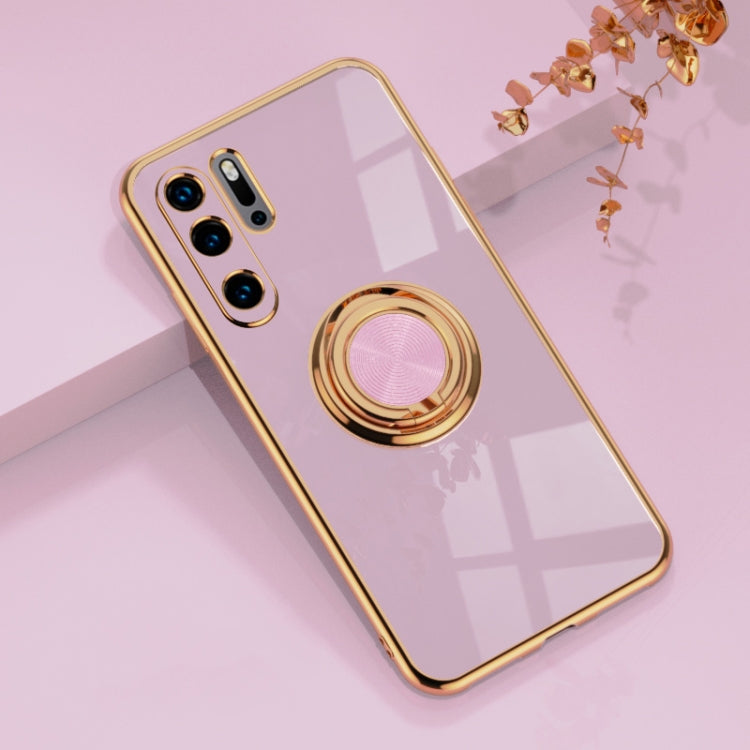 For Huawei P30 Pro 6D Electroplating Full Coverage Silicone Protective Case with Magnetic Ring Holder