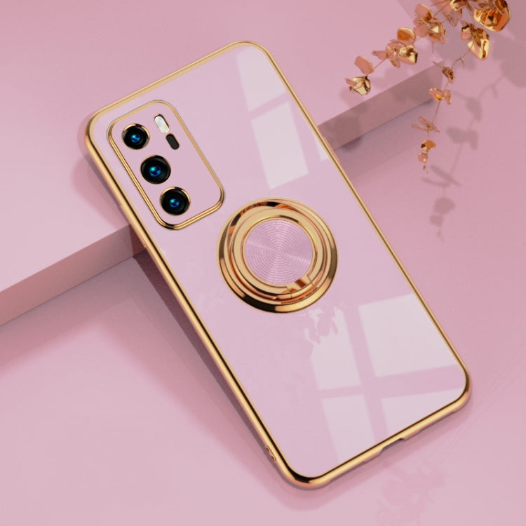 For Huawei P40 6D Electroplating Full Coverage Silicone Protective Case with Magnetic Ring Holder