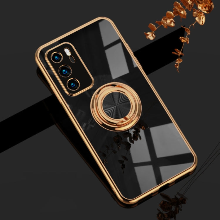 For Huawei P40 6D Electroplating Full Coverage Silicone Protective Case with Magnetic Ring Holder