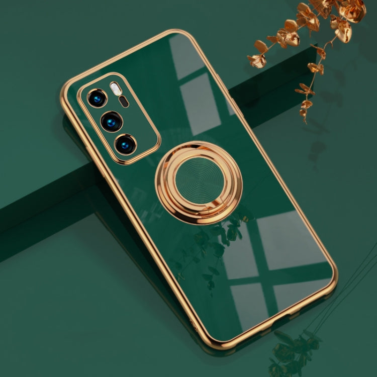 For Huawei P40 6D Electroplating Full Coverage Silicone Protective Case with Magnetic Ring Holder