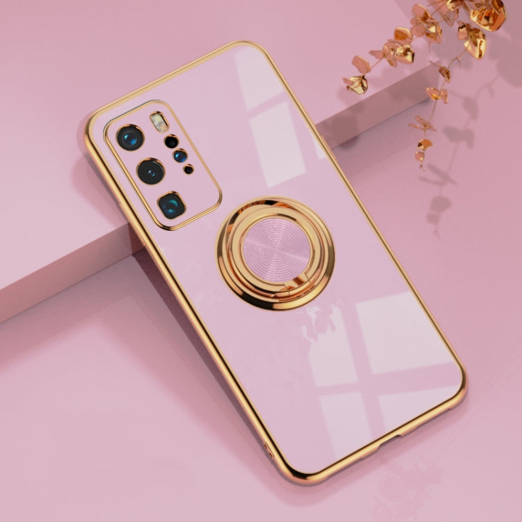 For Huawei P40 Pro 6D Electroplating Full Coverage Silicone Protective Case with Magnetic Ring Holder