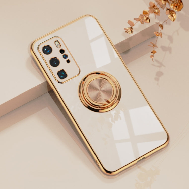 For Huawei P40 Pro 6D Electroplating Full Coverage Silicone Protective Case with Magnetic Ring Holder