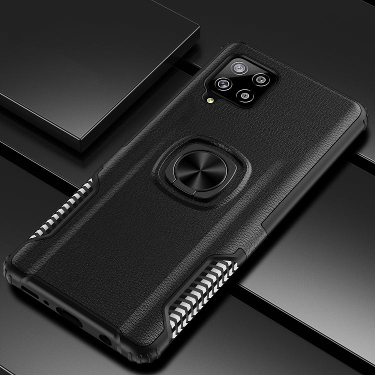 For Samsung Galaxy A42 5G Litchi Texture Knight Armor Shockproof PC + Silicone Case with 360 Degree Rotation Magnetic Ring Holder