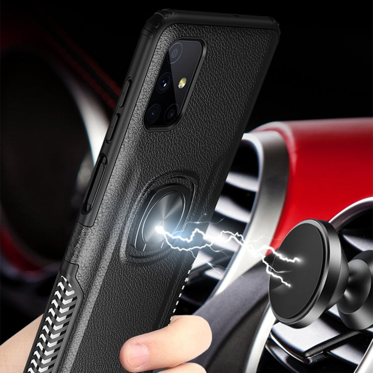 For Samsung Galaxy M51 Litchi Texture Knight Armor Shockproof PC + Silicone Case with 360 Degree Rotation Magnetic Ring Holder