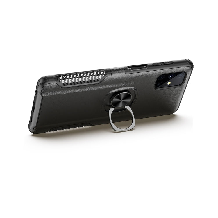 For Samsung Galaxy M51 Litchi Texture Knight Armor Shockproof PC + Silicone Case with 360 Degree Rotation Magnetic Ring Holder
